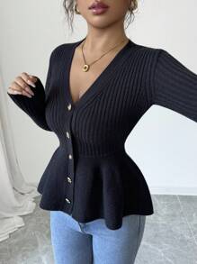 Elenzga V领修身拼布花卉下摆不对称纽扣女式开衫 - 黑色 - 查看 3