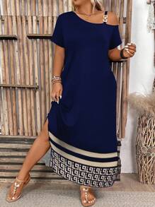 EMERY ROSE Plus Size Women's Casual Minimalist Holiday Floral Print Off-Shoulder Maxi Dress, Summer Long Ladies Dress - Navy Blue - View 4