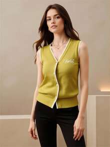 Modelyn Women's Single-Breasted V-Neck Knit Sweater Vest Cute Tops Women Homecoming Embroidered Goose Yellow In Fall/Winter - Yellow - View 1