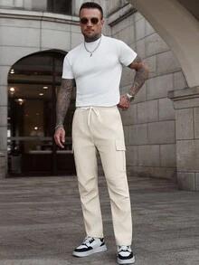 Manfinity Homme 1 件男士多口袋工装裤，宽松直筒版型，通勤，四季皆宜，成熟休闲酷炫风格，男友/丈夫礼物，周年纪念礼物，帆布面料，适合秋季 - 杏色 - 查看 3