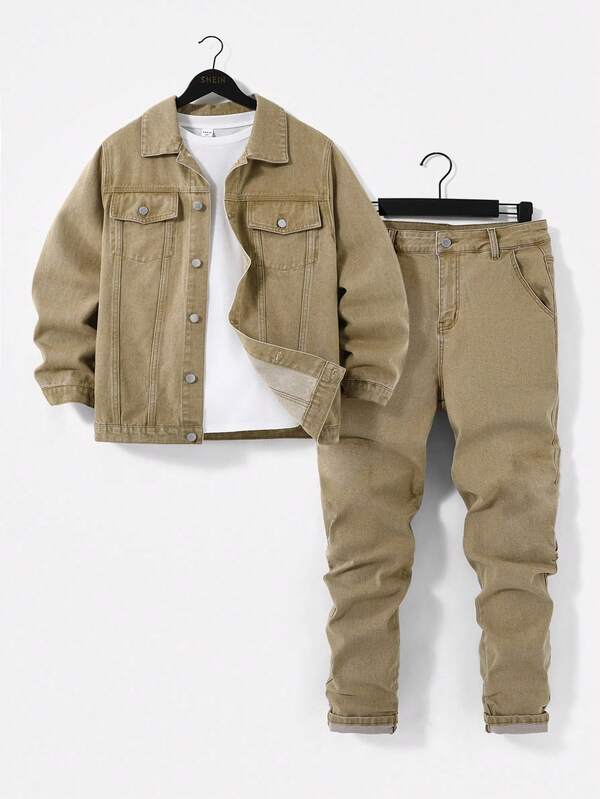 SHEIN Teenager Jungen Mode Lässig Y2k Vintage Cool Straße Rückkehr zur Schule College Zweiteiler Set aus khakifarbenem Denim Jacke mit loser Kragen und langem Ärmel und bequemer Stretch Skinny Jeans für Kinderbekleidung Jungen Kostüm Alltagskleidung und Kinder Winter und Herbst Rave Outfits Festival und Zuhause Outfits Streetwear Schulkleidung Jungen Outfit Sets Teenager Jungen Outfit Set