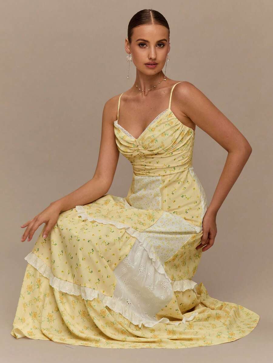 Enchnt V-Neck Floral Lace Patchwork Waist Ruffle Hem Slip Dress For Women - Yellow - View 1