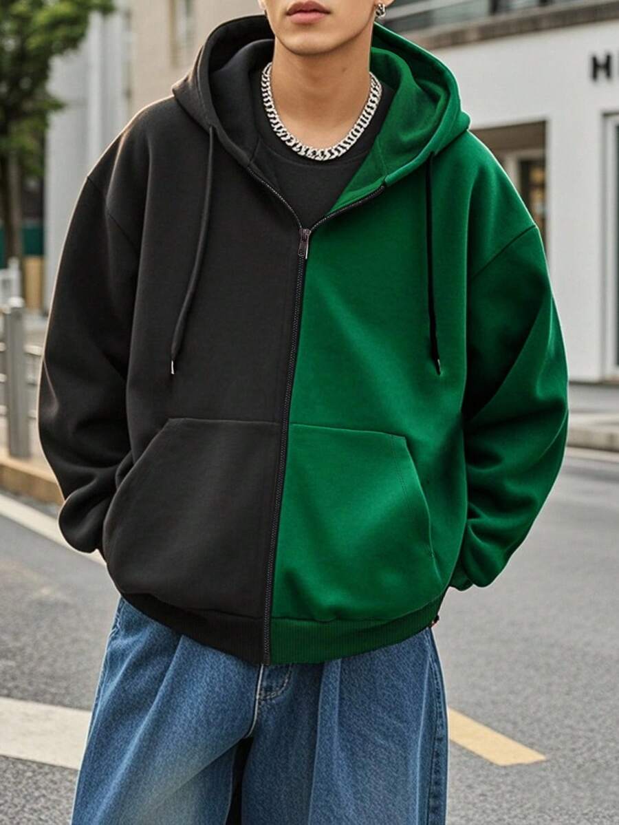 Manfinity Dauomo 男士黑色和绿色撞色拉链连帽衫 - 黑色 - 查看 1