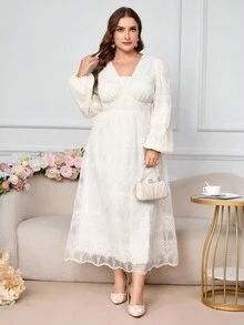 Modelyn Vestido de Renda de Cor Sólida Elegante para Festa em Plus Size - Damasco - Visão 7