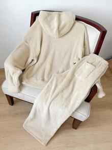 SWAVVY 2pcs Men's Casual Fluffy Hoodie And Drawstring Pants Set, For Fall Winter - Apricot - View 2