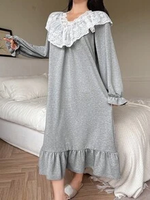 DAZY Romantic Lace Patchwork Ruffle Hem Loose Long Women Nightgown, Fall Pajama - Grey - View 3