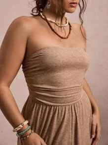 Freevana 大码纯色露肩连体裤，休闲度假 - 卡其色 - 查看 7