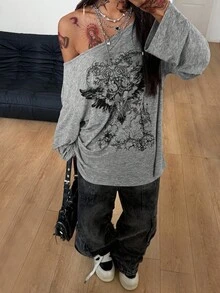 Coolane 女式春季哥特垃圾摇滚 Y2K 丘比特图案舒适不对称领口露肩长袖 T 恤，X Rafael Machado