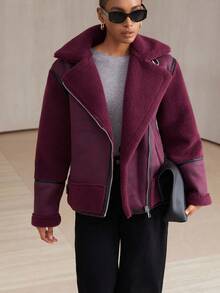 Aveloria Modichic 冬季时尚不对称仿保暖内衬厚夹克，百搭又时尚 - 酒紅色 - 查看 4