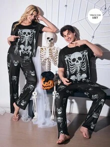 SHEIN CoupledUp 万圣节骷髅印花男士套头睡衣套装 - 黑色 - 查看 1