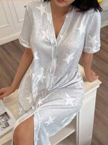 SHEIN American Casual Star Print V-Neck Short Sleeve Women Nightgown - Grey - View 3