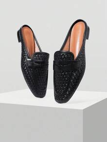 MOTF 时尚编织一脚蹬休闲舒适穆勒平底凉鞋，适合女士 - 黑色 - 查看 9
