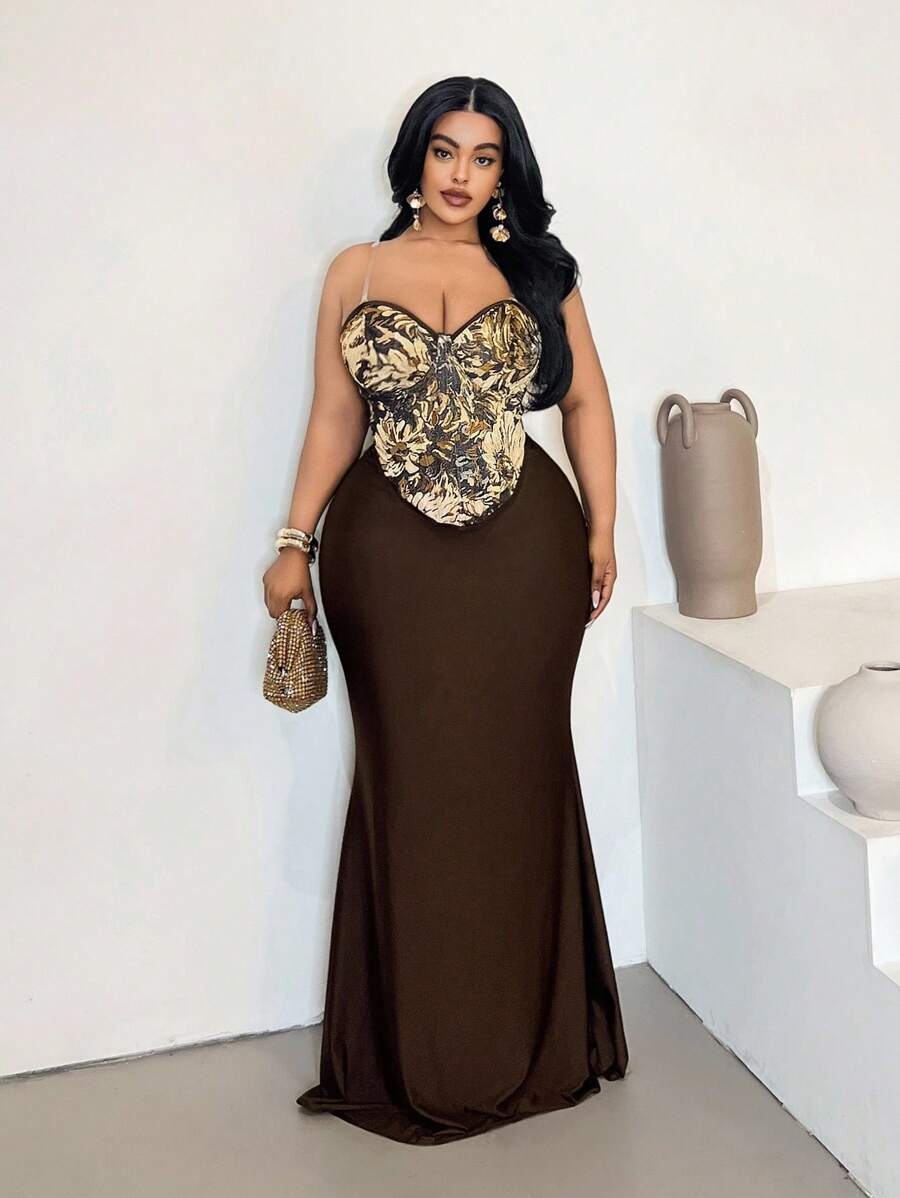 Maweii Plus Size Women's Spring/Summer New Year Contrast Color Tie Front Avant-Garde French Casual Young Chic Fashion Knit Elastic Versatile Undershirt Dress, Sexy Formal Party Dress, Sexy Crop Top, Sexy Jumpsuit, Sexy Transparent Off-Shoulder Fitted Solid Color Dress - Coffee Brown - View 1