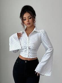 INAWLY Women's Elegant Casual Pleated Flare Sleeve Polka Dot Open Front Blouse, Suitable For Travel, Vacation, And Dates, Autumn/Winter Fall Cloth For Women - White - View 6