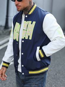 Manfinity Homme Men's Contrast Color Patchwork Letter Embroidery Varsity Jacket,Navy Blue Streetwear Baseball Jacket For Autumn,Graduation,Back-To-School Style - Blue - View 7