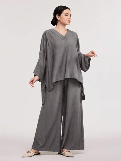 Veilorie Burgundy Red Women Leisurely Solid Color Batwing Short Front Long Back Top And Wide Leg Pants Two-Piece Set