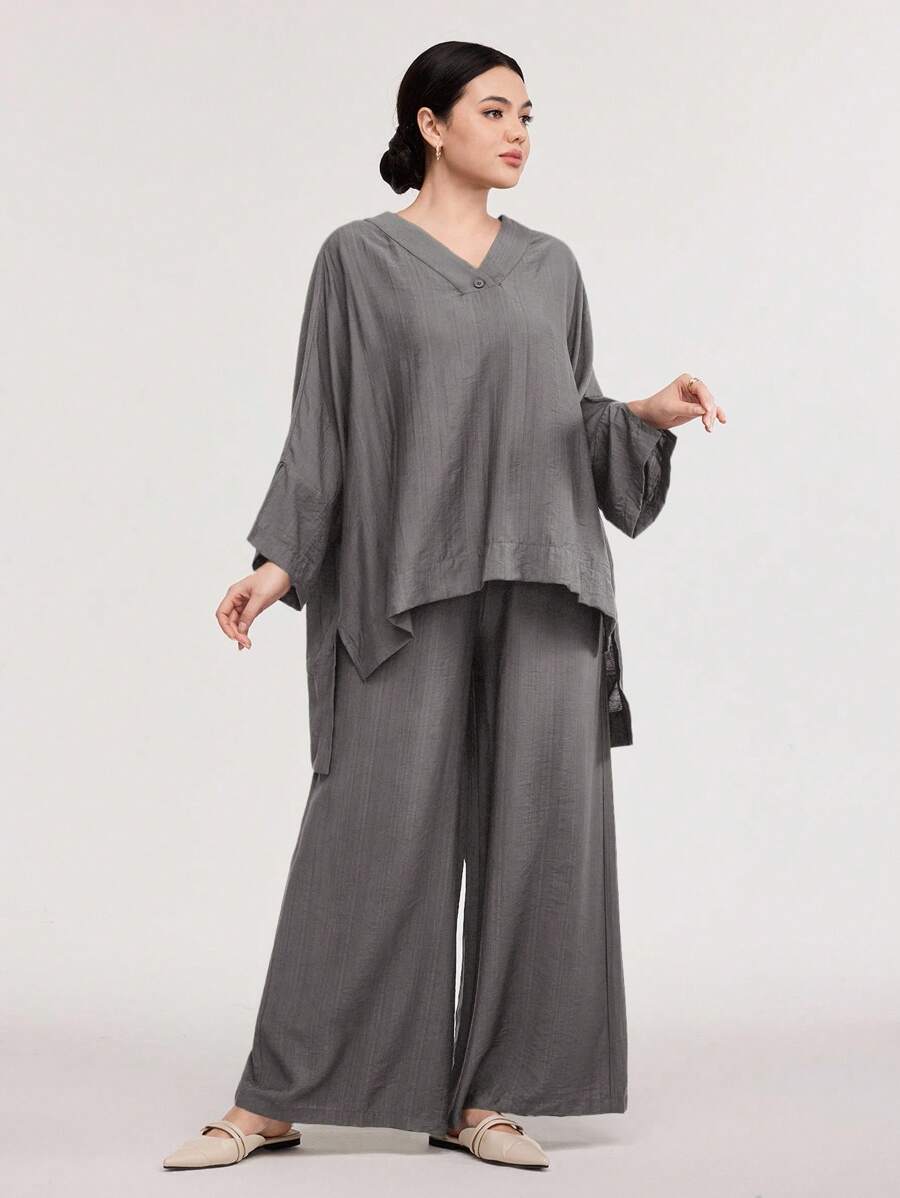 Veilorie 勃艮第红女士休闲纯色蝙蝠袖前短后长上衣和阔腿裤两件套 - 灰色 - 查看 1