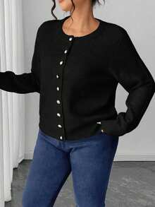 Elenzga Plus Size Casual Solid Color Gold Button Long Sleeve Cardigan Fall Winter Cloth For Women Autumn - Black - View 5