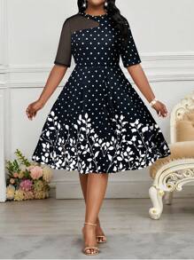 SHEIN Lady Vestidos de fiesta, boda y cóctel elegantes de contraste en blanco y negro de malla de talla grande, para primavera, verano, otoño e invierno