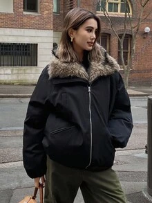DAZY Women's Fur Collar Patchwork Padded Coat, Autumn/Winter Jacket Y2k - Black - View 8