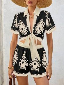 SHEIN VCAY 2pcs Women Vacation Print Tied Collar Hem Bowknot Shirt And Pants Set - Black - View 3