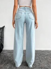 EURMUSE Quần Jeans Ống Thẳng Cạp Cao Đính Đá Rhinestone 100% Cotton - Màu xanh lam - Xem 2