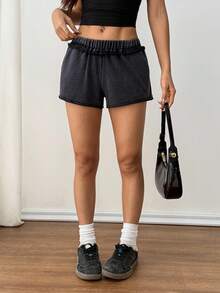 SHEIN PETITE Quần short giặt họa tiết ngôi sao cạp chun thường ngày cho nữ, mùa hè - màu đen - Xem 6
