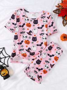 Conjunto de pijama de 2 piezas para niñas con estampado de calabaza y fantasma, de punto elástico, cómodo y suave, de cuello redondo y manga corta