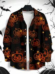 Manfinity Homme Kemeja Lengan Panjang Slim Fit Kasual Motif Kepala Halloween untuk Pria, Musim Gugur - Hitam - View 1