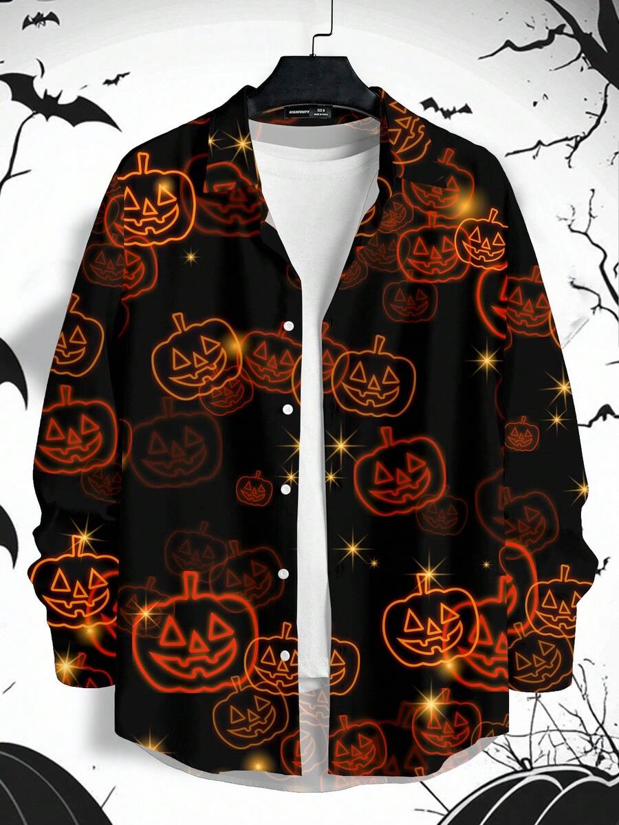 Manfinity Homme Kemeja Lengan Panjang Slim Fit Kasual Motif Kepala Halloween untuk Pria, Musim Gugur - Hitam - View 1