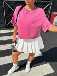 SHEIN EZwear Plus Size Pure Cotton Casual Washed Short Sleeve T-Shirt, Spring - Pink - View 3