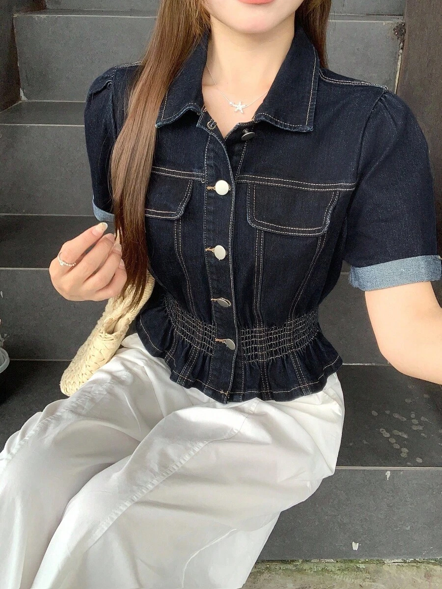 DAZY 少女时尚收腰短袖牛仔衬衫 - 深色水洗藍 - 查看 1