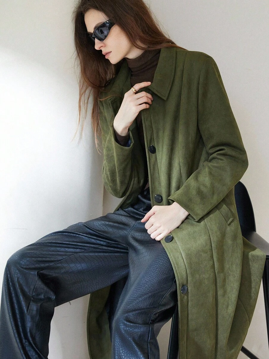 Aveloria Modichic Chaqueta larga de mujer con cuello vuelto, diseño dividido, escudo de lluvia en la espalda, manga larga, de alta gama y estilo retro para ir al trabajo - Verde militar - Ver 1