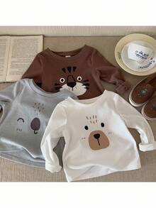 Set de 5 piezas de tops casuales para bebé niño con cuello redondo, de punto, de unicolor y con diseño de animales lindos