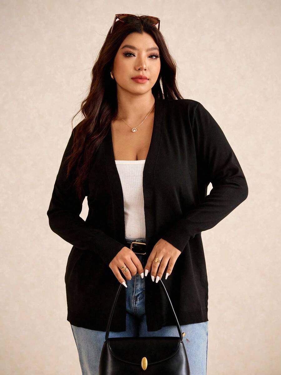 Elaquor Cárdigan de punto negro de frente abierto de unicolor talla grande, para otoño/invierno, atuendos de aeropuerto, atuendos casuales para mujer, cárdigan negro, ropa de invierno para mujer - Negro - Ver 1