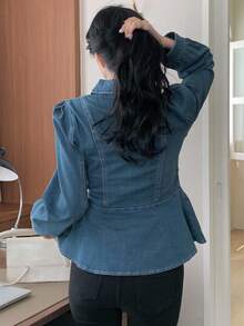 DAZY 女士翻领收腰长袖优雅春日翡翠性感休闲牛仔衬衫 - 中等水洗藍 - 查看 3