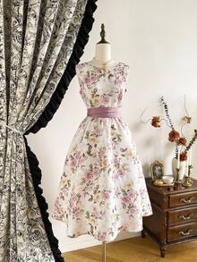 Vintamour Vintage Classic Elegant Party Women's Dress, Autumn/Winter, Fitted Waist Tie Dress, Bowknot Dress, Floral Print Dress, Pink Flared Dress, Sleeveless Dress Autumn Clothes Elegant Women's Dresses