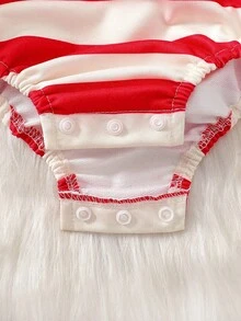 SHEIN Perso Play 圣诞条纹连体衣和帽子套装，休闲可爱女婴装 - 紅色 - 查看 6