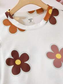 Sparklyn 2pcs/Set Girls Floral All-Over Print T-Shirt And High Waist Textured Wide Leg Pants Set - Brown - View 3