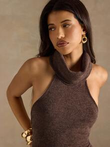 SHEIN BAE 棕色时尚性感高领羊绒舒适罗纹针织套头衫，适合老钱风格、乡村小屋、返校季、休闲套装、可爱套装、商务休闲、派对、夜店等场合。 - 棕色 - 查看 5