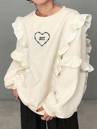 FRIFUL Women's Crew Neck Heart & Letter Contrast Color Print Ruffle Splice Loose Fit Thickened Fleece Sweatshirt Fall,Winter