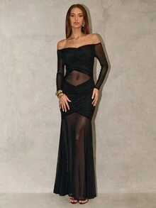SHEIN BAE Gaun Maxi Bodycon Hitam Elegan Lengan Panjang Tanpa Bahu, Model Ekor Ikan untuk Acara Malam Musim Gugur, Sempurna untuk Pesta, Koktail & Acara Khusus - Hitam - View 5