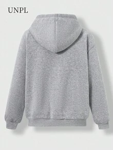 SHEIN Explorewe 1 pieza Sudadera con capucha casual gris con forro térmico para niños preadolescentes, diseño retro de ajuste holgado, estampado de letras multicolor, cierre con cremallera frontal, adecuado para salidas, regreso a la escuela, otoño/invierno/primavera - Gris - Ver 2
