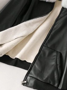 CosyJoli 大码休闲摩托车仿皮毛和PU拼布拉链棒球夹克仿皮毛领夹克女士黑色皮夹克女式带衬里皮夹克女式皮夹克女式冬季夹克飞行员夹克女式黑色夹克