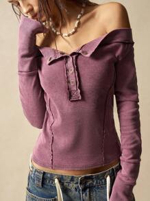 Bohemela Áo thun tay dài dệt kim màu trơn đơn giản dành cho nữ - Màu đỏ tím - Xem 3