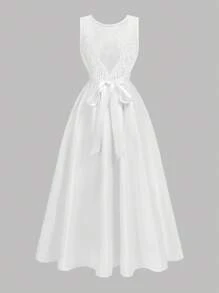 Pitira 少女白色缎面编织蕾丝拼接蕾丝细节腰带蝴蝶结长款优雅连衣裙，舞会礼服/公主裙，婚礼季，花童礼服，春节，派对蕾丝露背婚纱，白色蝴蝶结A字裙，简约婚纱，白色长裙，秋冬季 - 白色 - 查看 2