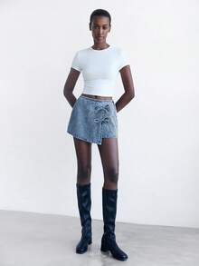 Maija 女式休闲时尚街头风格蝴蝶结装饰不规则下摆牛仔迷你裙，夏季 - 中等水洗藍 - 查看 2