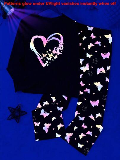 SHEIN 2pcs/Set Big Tween Girl Girls Black Glow In The Dark Heart & Bow Print Casual Comfortable Long Sleeve Top And Pants Loungewear Set .This Product Requires UV Light Exposure To Glow.