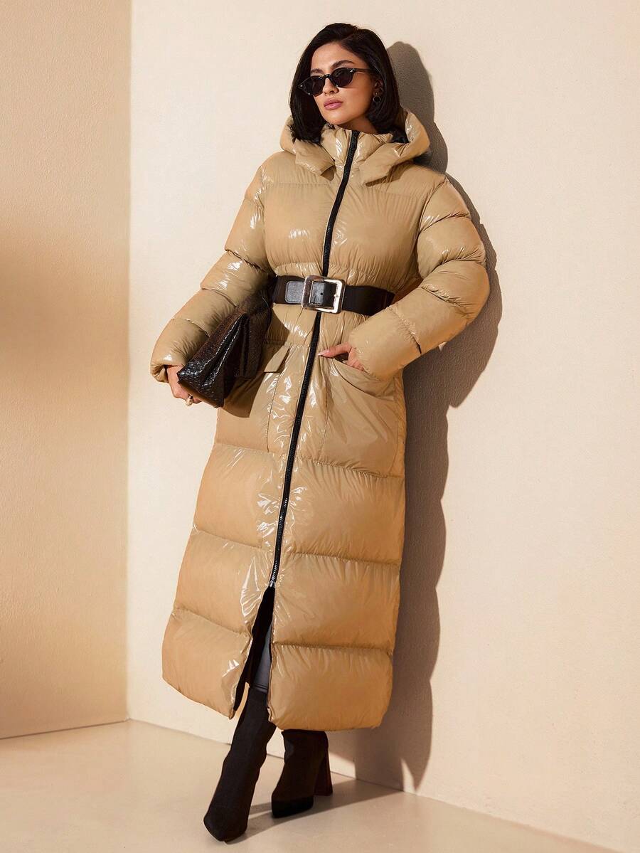 EURMUSE Chaqueta casual con capucha de invierno para mujer, de unicolor, de manga larga, con cremallera y bolsillo delantero - Caqui - Ver 1