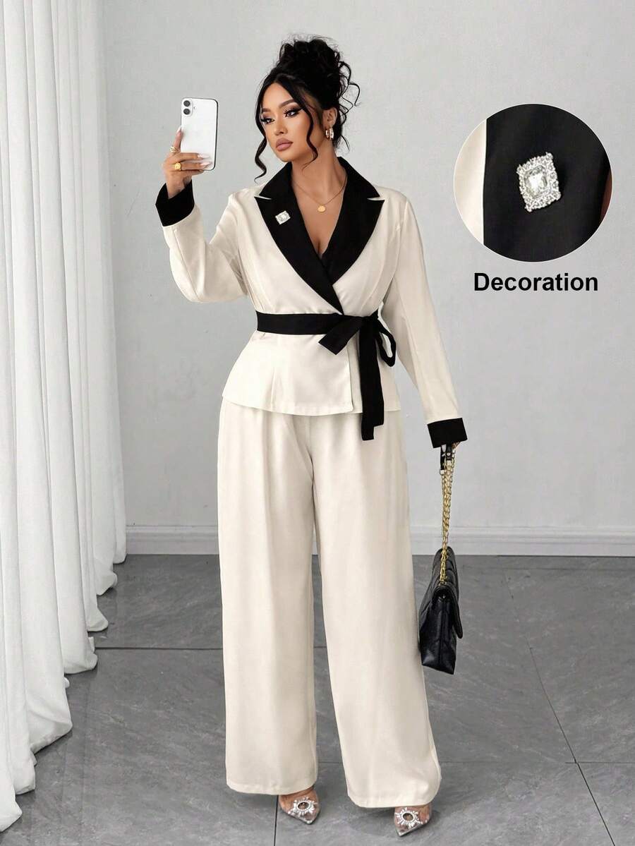 Elenzga 大码女式时尚撞色优雅长袖翻领夹克和裤子套装，两件套